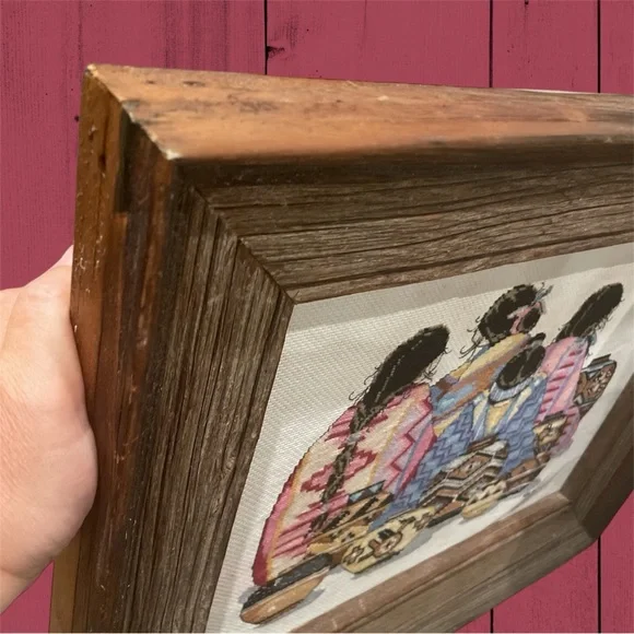 VTG 1996 Cross Stitch Native American Women & Pottery Antique Barn Board Frame